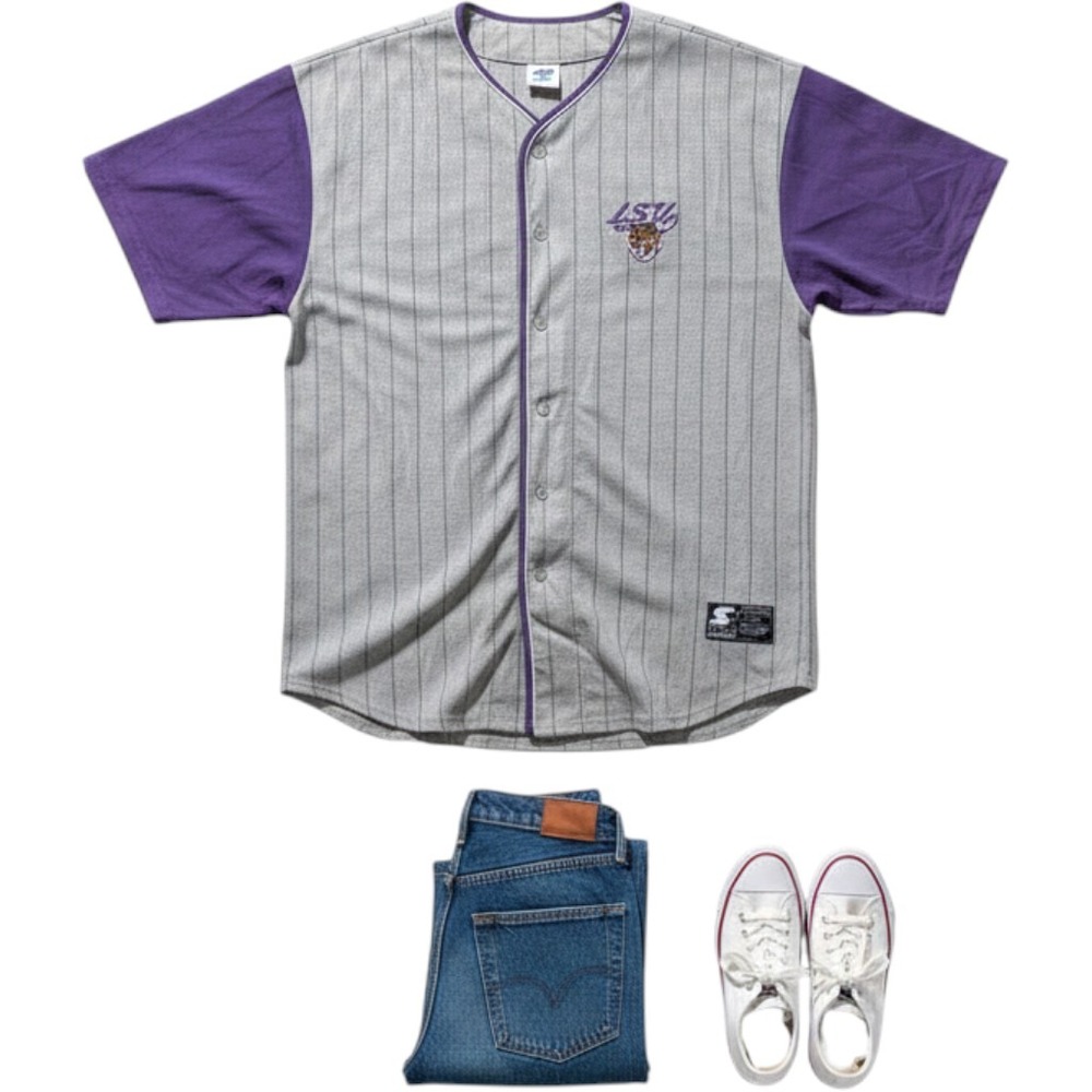 Vintage 90s Starter LSU Tigers Baseball Jersey XL Purple Gray Collegiate